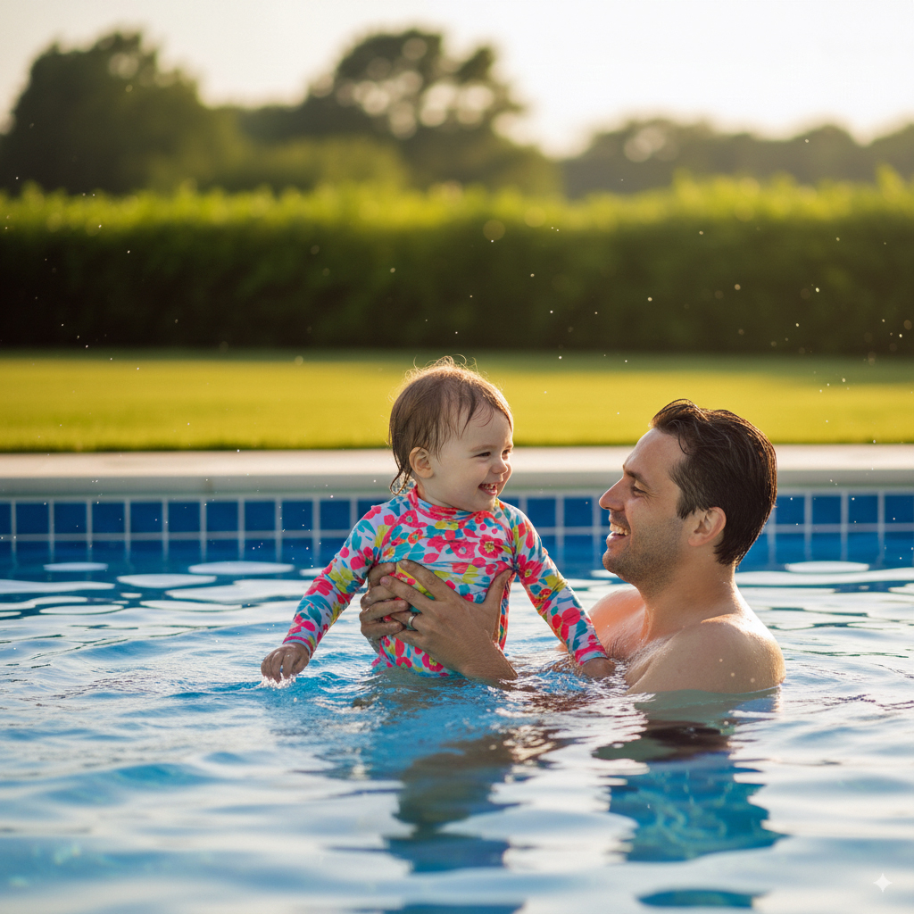 Pai e filha na piscina aquecida com bombas de calor